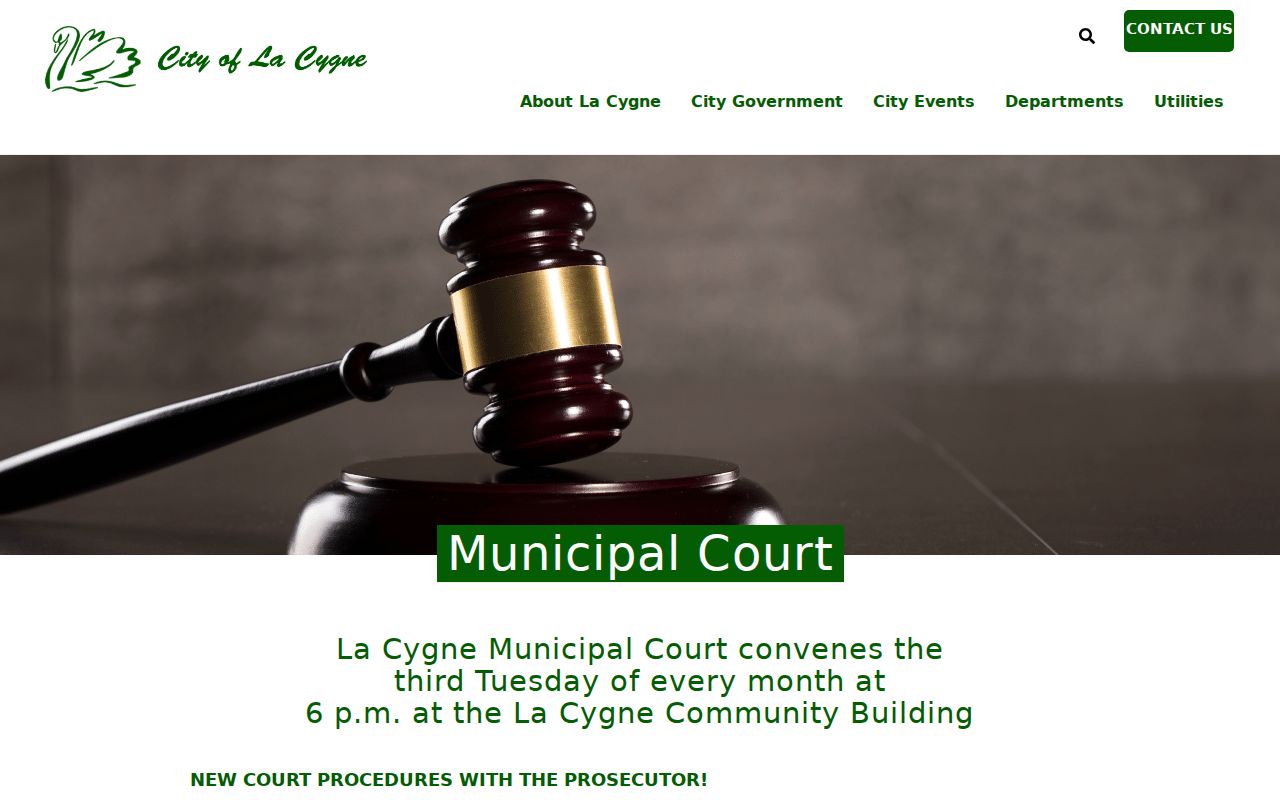 Official La Cygne municipal court page showing local schedule and court instructions