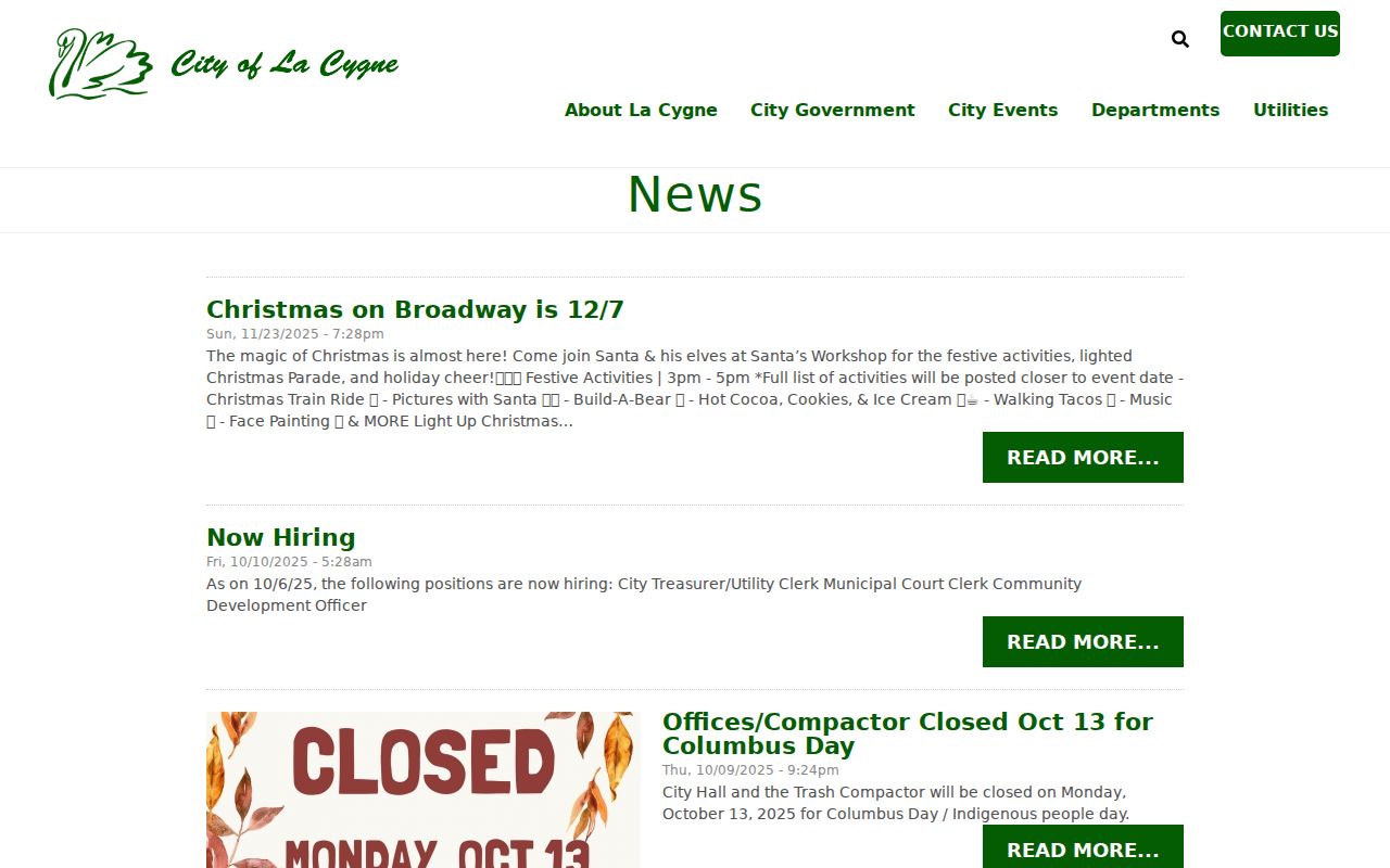 Official La Cygne news page with municipal court cancellation and rescheduling notices